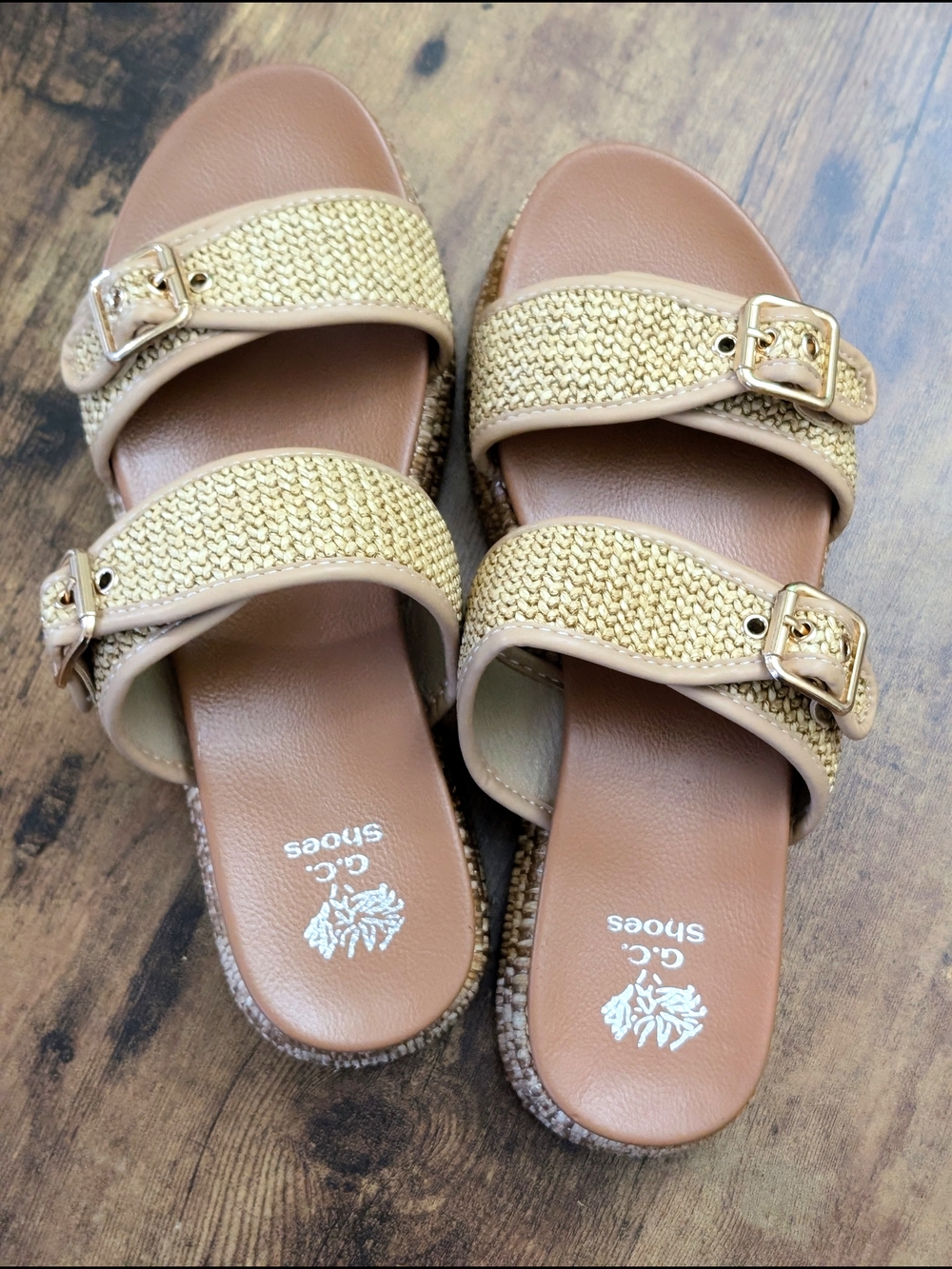 Good Choice Women’s Tan Woven Two-Strap Platform Slide Sandals